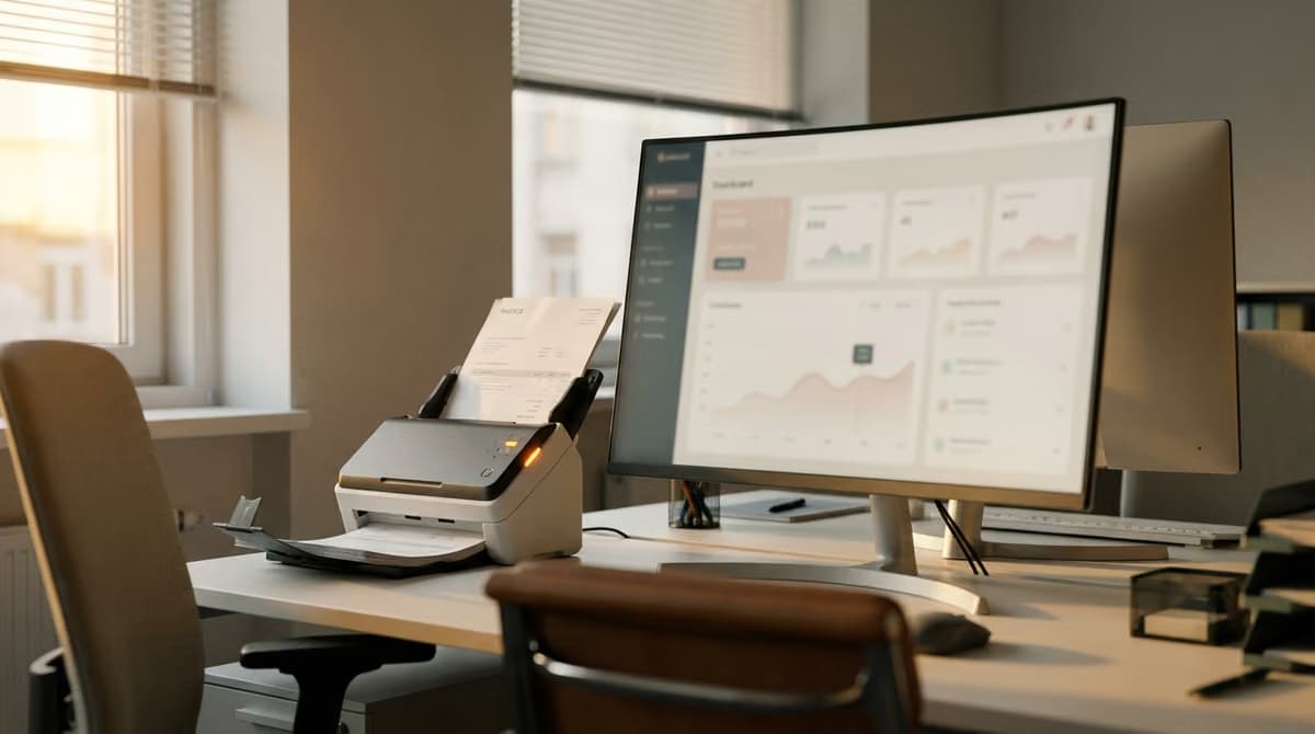 Ein Dokumentenscanner zieht eine Rechnung ein, daneben auf dem Schreibtisch ein Monitor mit einer Auswertung.