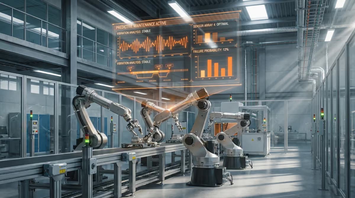 Roboterarme in einer hellen Fertigungshalle, darüber eingeblendete Messkurven.