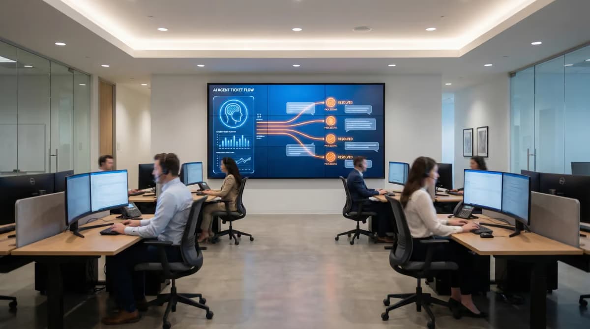 Serviceteam an Arbeitsplätzen vor einer großen Wandanzeige mit einem Ablaufdiagramm.