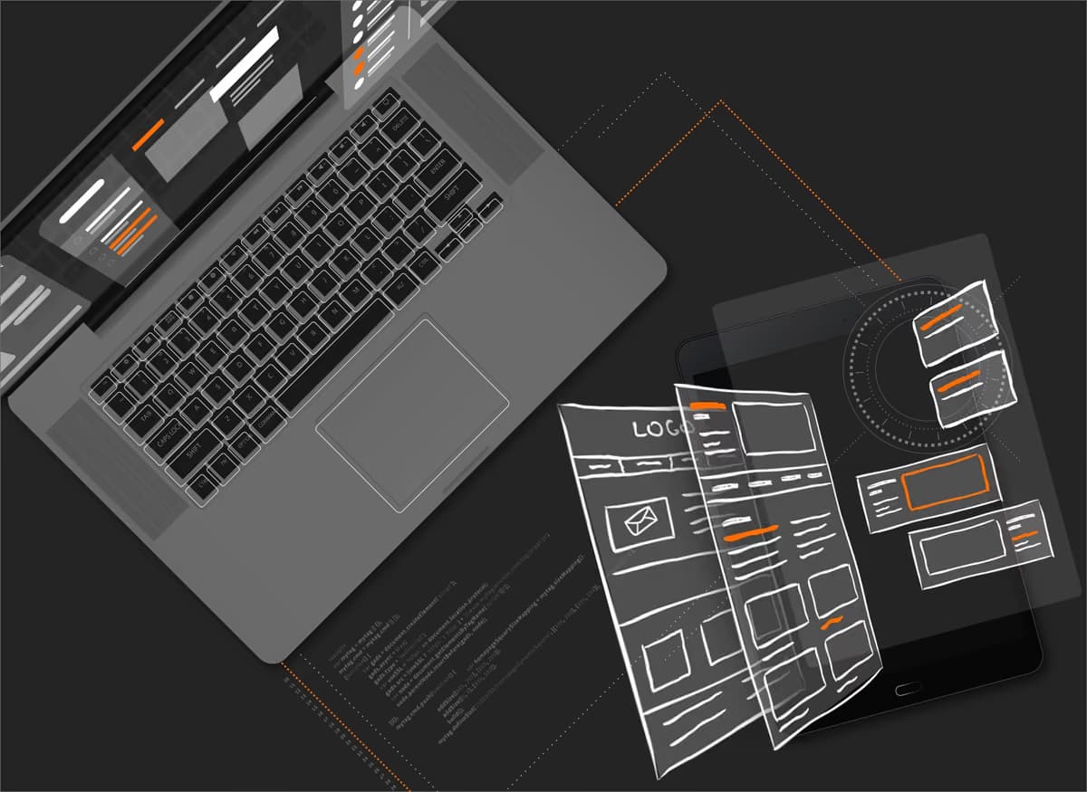 Notebook links im Anschnitt, daneben Drahtgitter-Entwürfe von Seitenlayouts als helle Umrisse auf anthrazitem Grund, verbunden durch orange Hilfslinien.