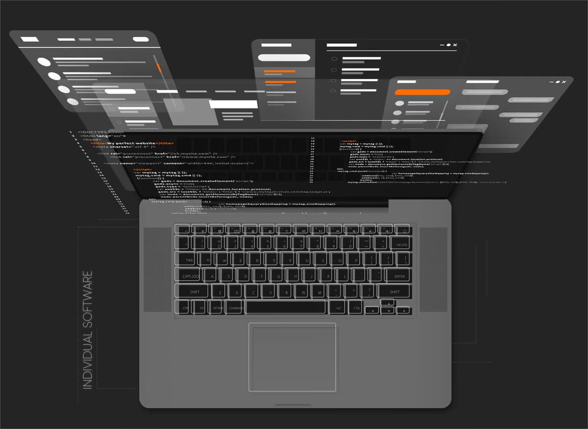 Aufgeklapptes Notebook von oben auf anthrazitem Grund, darüber schwebend mehrere Ebenen: Entwürfe von Bedienoberflächen mit orangen Akzenten und darunter Quelltextfenster. Senkrecht am linken Rand der Schriftzug „Individual Software“.