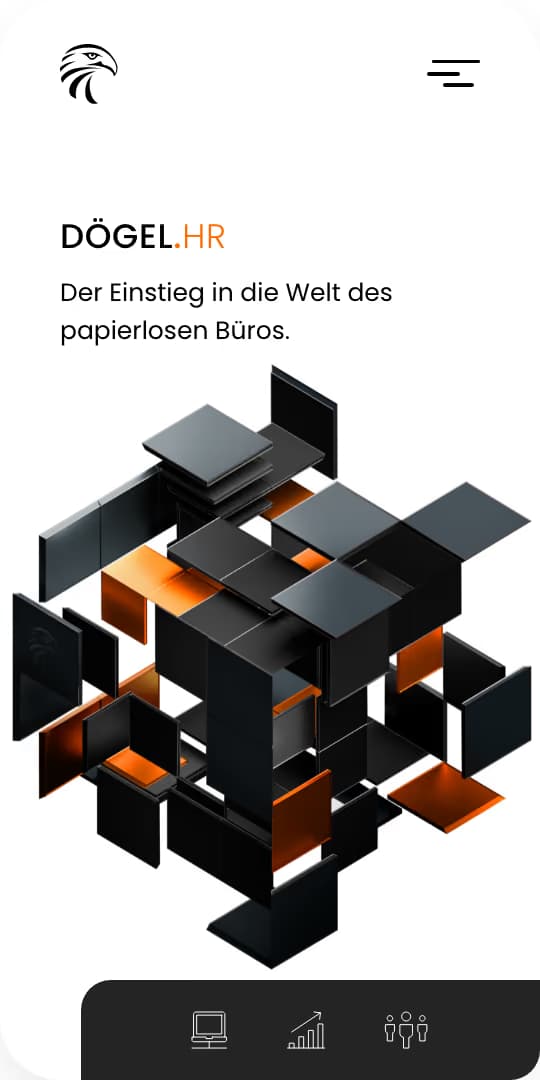 Ansicht der Anwendung DÖGEL.HR auf einem Smartphone, heller Grund: „Der Einstieg in die Welt des papierlosen Büros.“ Darunter ein aufgefächerter Würfel aus schwarzen und orange leuchtenden Platten.