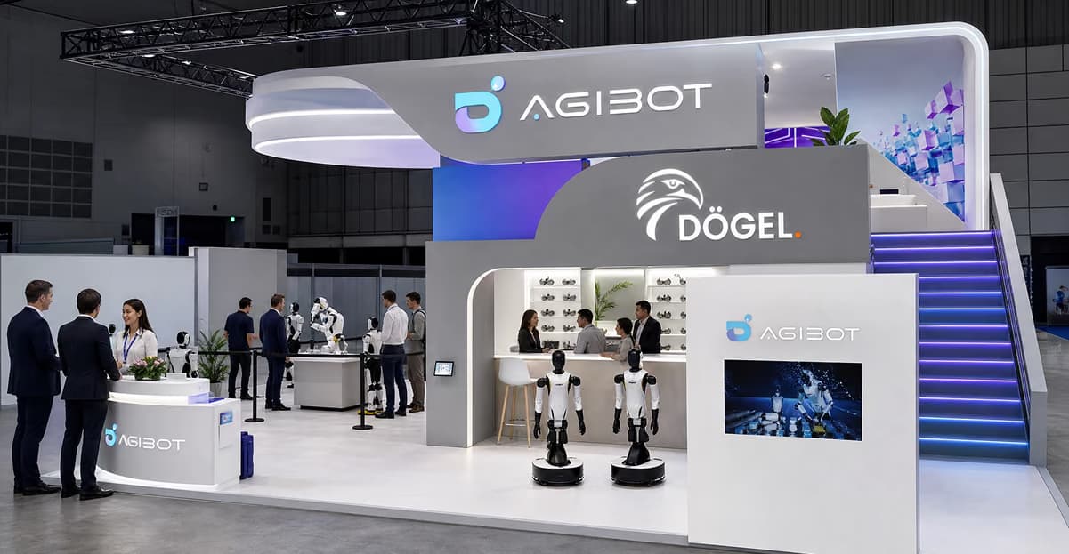 Visualisierung des Gemeinschaftsstands von Dögel und AGIBOT, mit humanoiden Robotern auf der Standfläche.