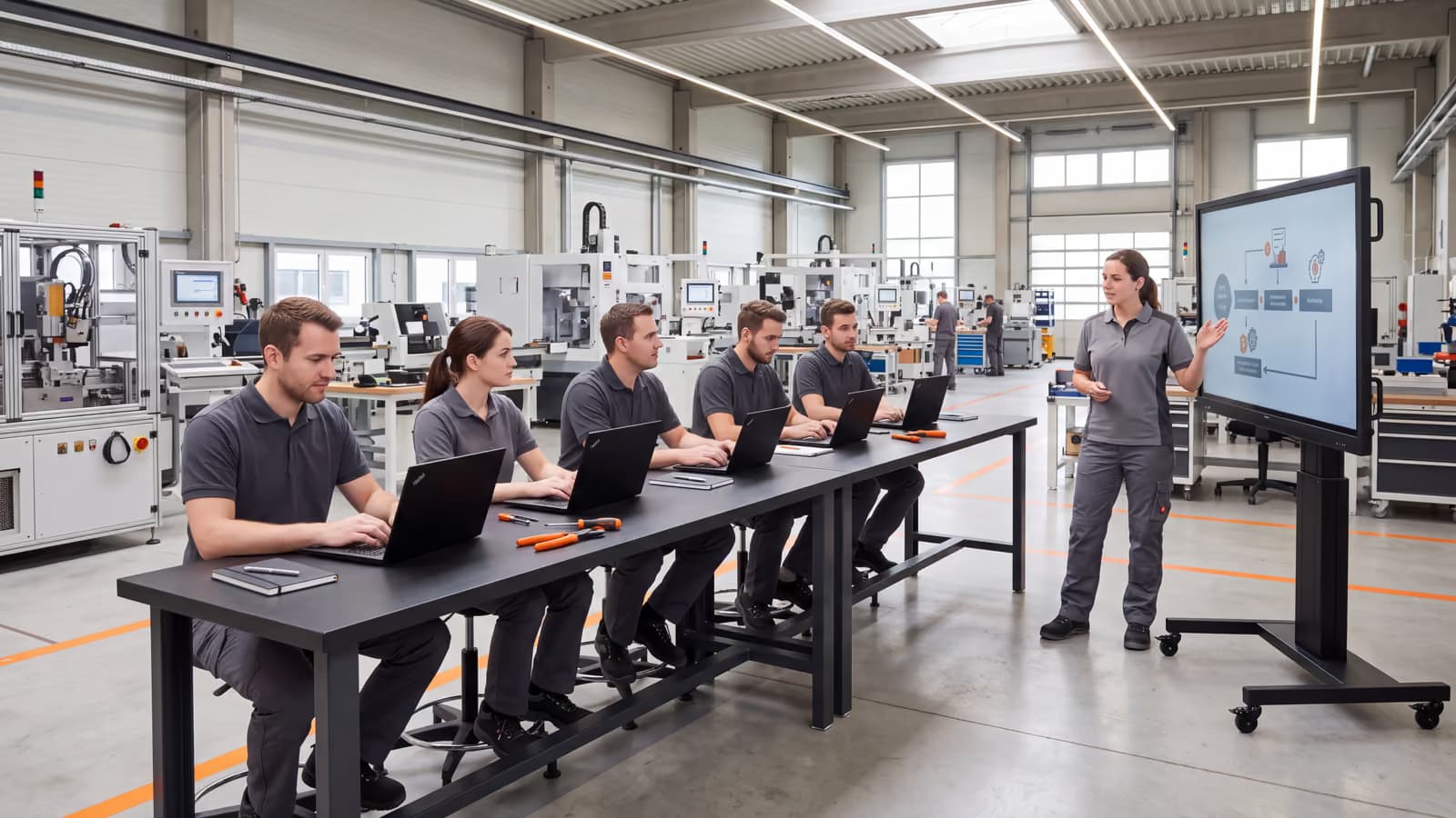 Fünf Personen in Arbeitskleidung an Laptops an einem langen Werktisch in einer hellen Halle, davor eine Person an einem mobilen Bildschirm.