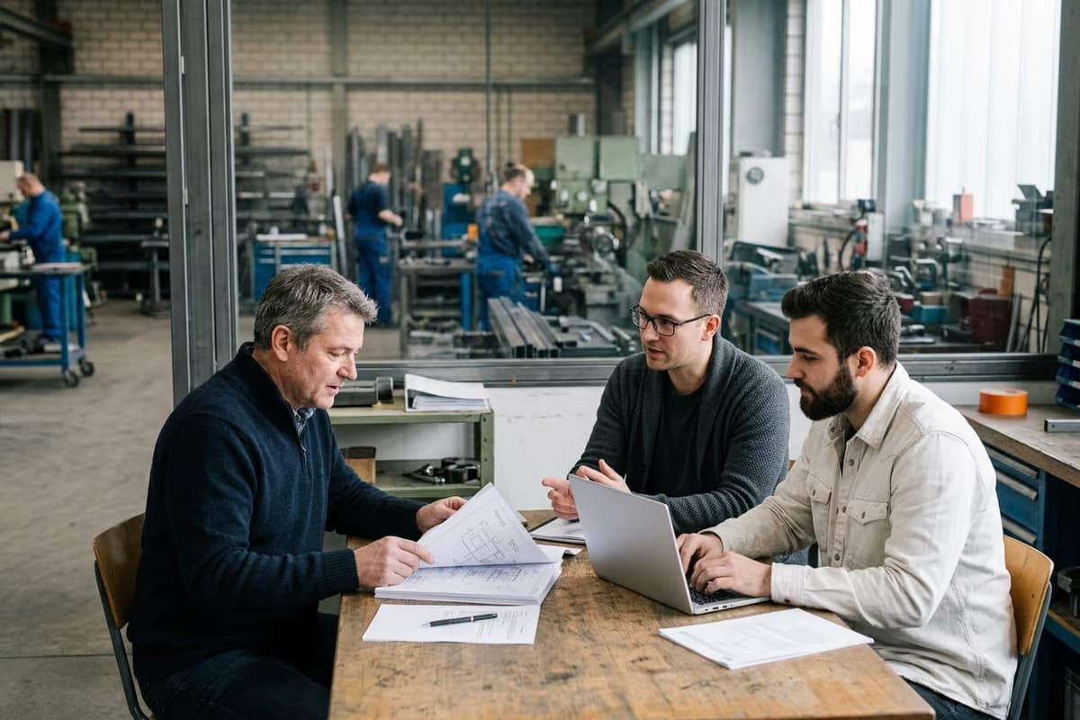 Zwei Fachleute sitzen mit einem Kunden an einem Besprechungstisch, zwischen ihnen ein Laptop und Unterlagen, dahinter durch eine Glaswand eine Werkstatt.