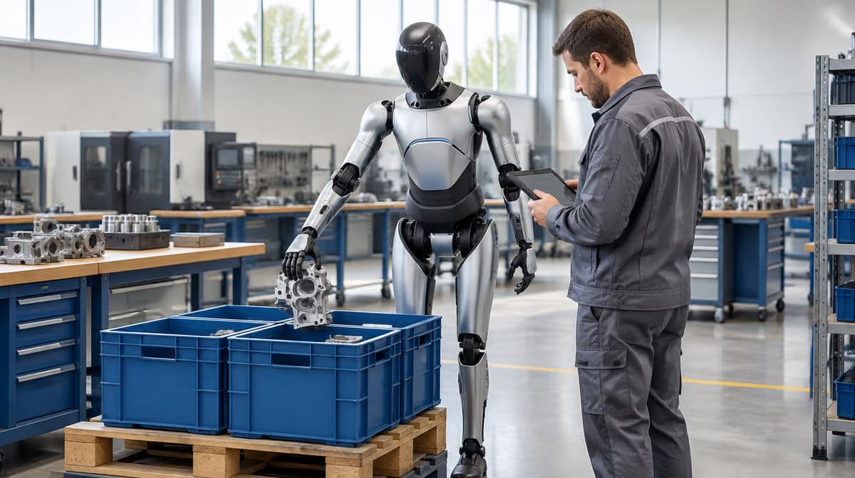 Ein humanoider Roboter legt ein Metallteil in eine blaue Transportkiste, daneben prüft ein Techniker in Arbeitskleidung etwas auf einem Tablet.