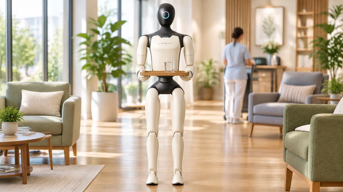 Ein humanoider Roboter trägt ein Tablett mit einem Glas Wasser durch einen hellen Aufenthaltsraum mit Sesseln und Pflanzen, im Hintergrund eine abgewandte Pflegekraft.